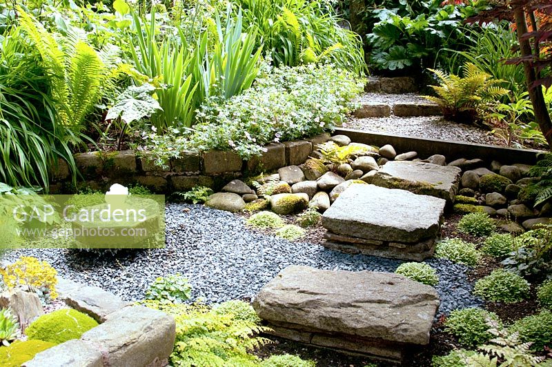 Stepping stones over shaded sunken gravelled area with small stone water feature leading to steps and raised herbaceous borders in July