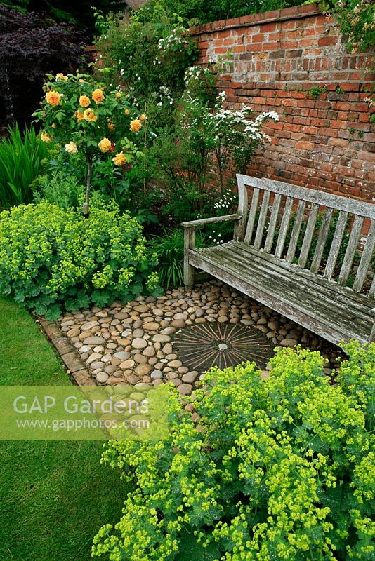 A walled backed garden seat set on a pebble plinth and flanked by Lady's Mantle, Alchemilla mollis and standard Rosa Graham Thomas. June. Worcestershire