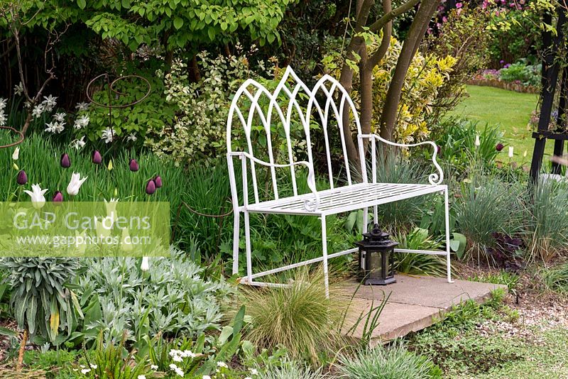 A spring garden with ornate metal bench in a border with tulips 'White Triumphator' and 'Queen of the Night', honesty, narcissi and ornamental grasses.