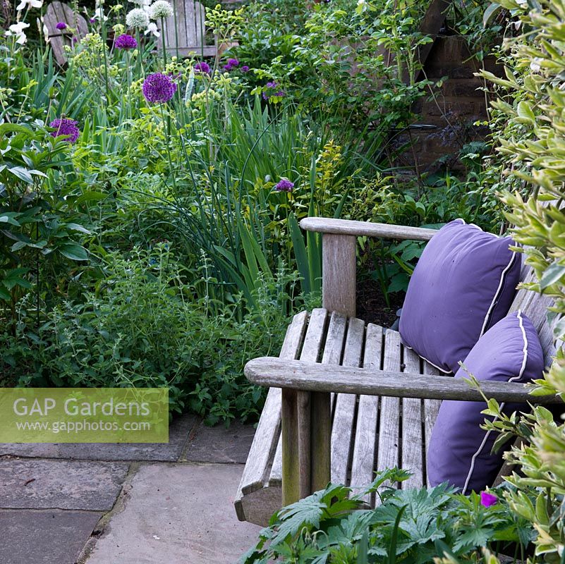 A small wooden bench nestles into folage on the well, overlooking the sunny bed of white and purple alliums, bearded irises, Mathiasella burpleuroides 'Green Dream', catmint and peonies. Beyond, Japanese maple hangs above two wooden seats.