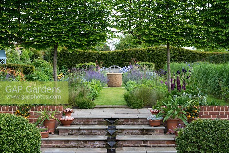 Above contemporary water feature, pleached hornbeams frame views of perennial borders.