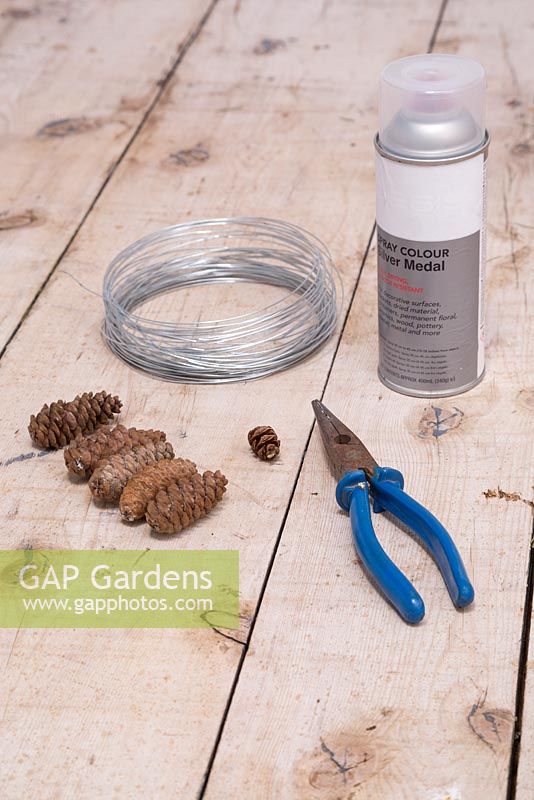 Materials required are Pine cones, pliers, wire and silver spray paint