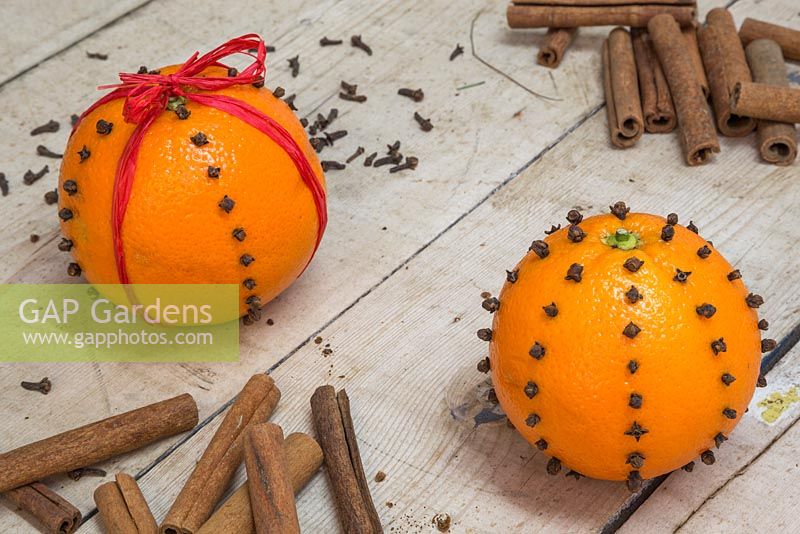 Orange pomanders displayed on wooden surface with Cinnamon sticks and Cloves
