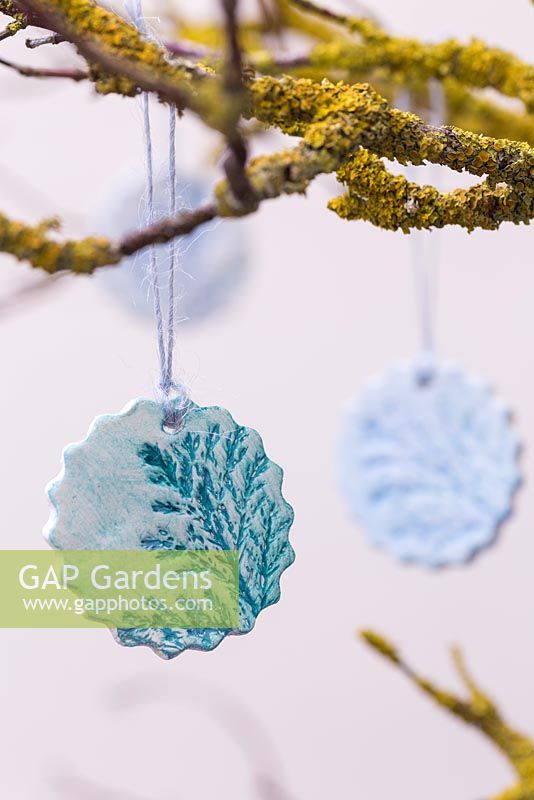 Painted Clay decorations with imprints of Pine foliage, hanging from a branch covered in Lichen