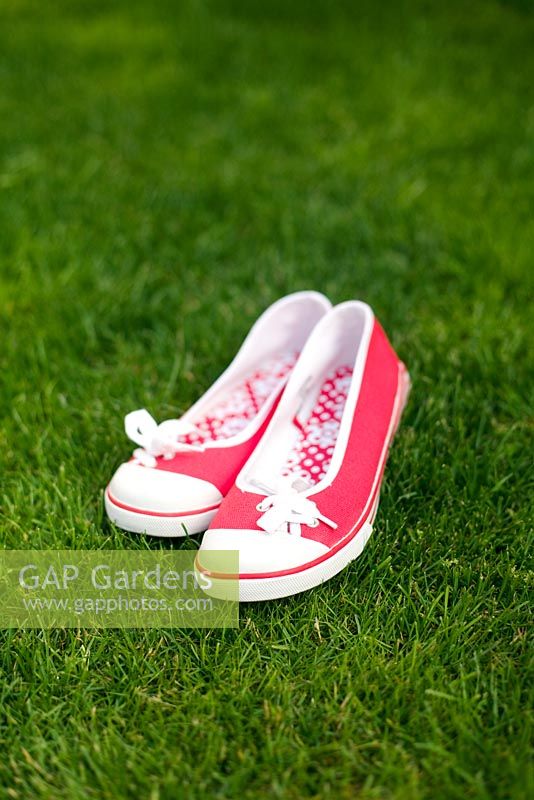 Red shoes on lawn