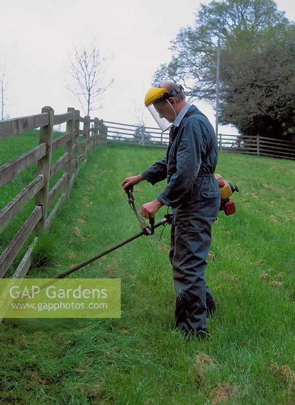 Man strimming paddock grass in protective clothing