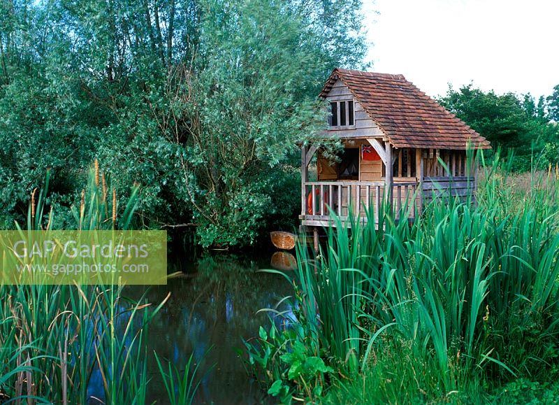 Wildlife pond with waterside planting of bulrushes - scirpus with a wooden boathouse. June, Old Place

