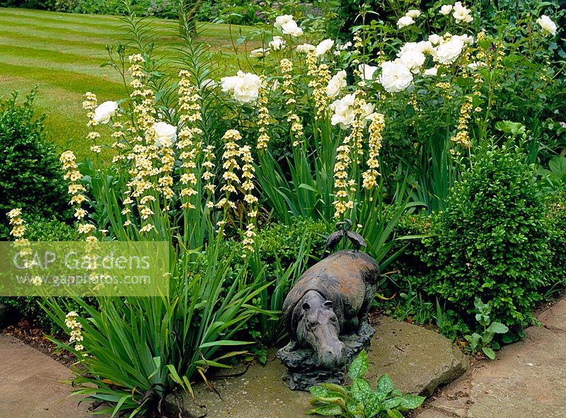 Hippopotamus sculpture in garden