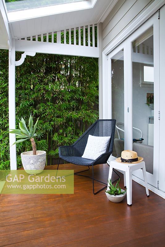 Back verandah of weatherboard property showing timber decking, potted Agave attenuata, Bambusa textilis Gracilis 'Slender Weaver' bamboo along fence. Small pot with Gasteria croucheri