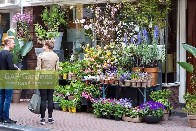 Gerda's Florist, in De 9 Straatjes, De Negen Straatjes - The 9 Streets area. Plants include grape vines and bananas as well as tulips and cut branches of cherry blossom.