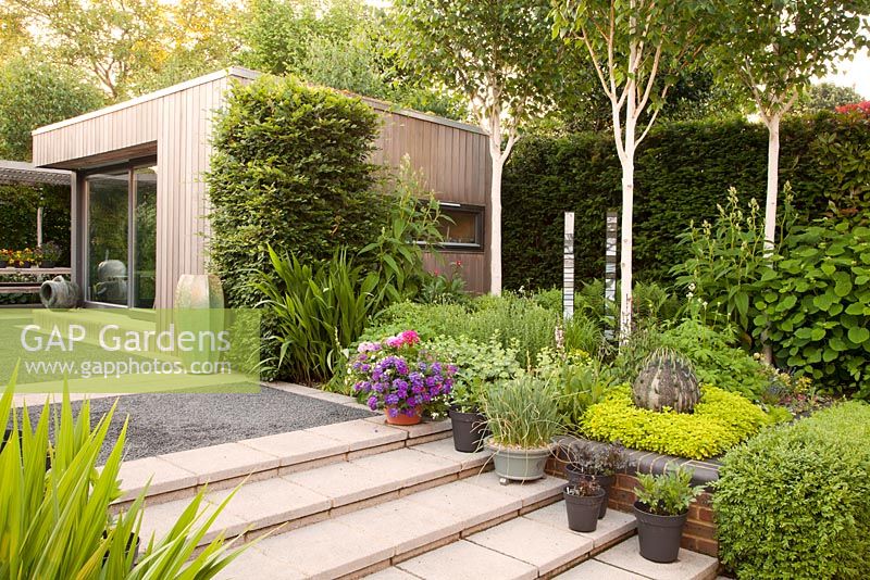 Contemporary summerhouse clad in red cedar by Ecospace Architecture with sedum green roof decorative ornaments and containers, Beech columns, Birch trees.