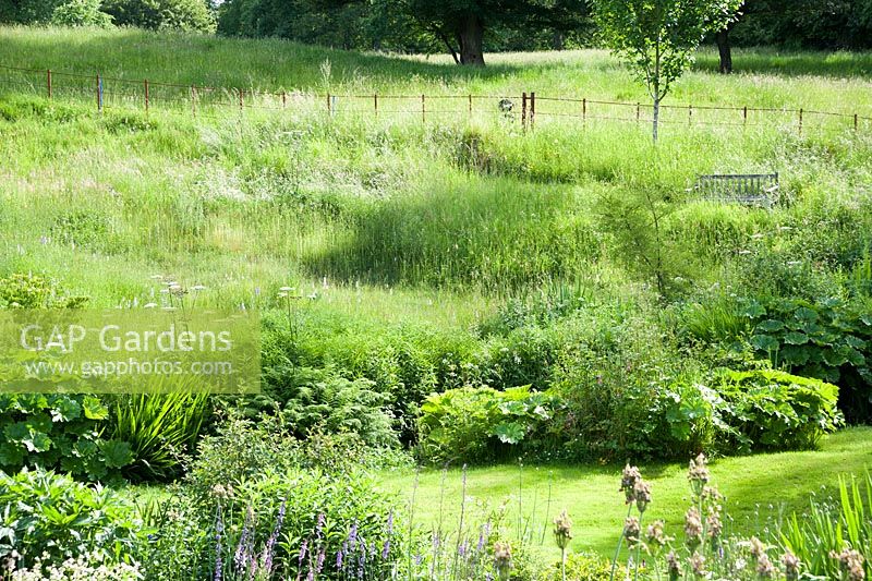 View from south facing terrace over the garden to the Stansbatch Brook and orchid rich meadow beyond. Upper Tan House, Stansbatch, Herefordshire, UK