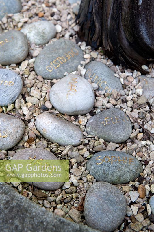 Pebbles with names written on in gold previously used as wedding table place-names now used as mulch on the surface of a large container. 