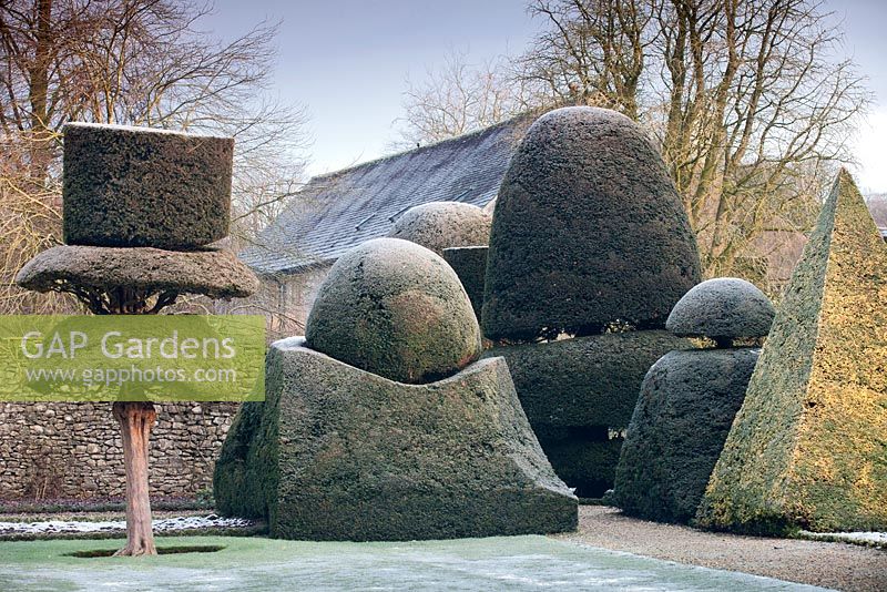 Frosty topiary shapes and characters at Levens Hall and Garden, Cumbria, UK. 