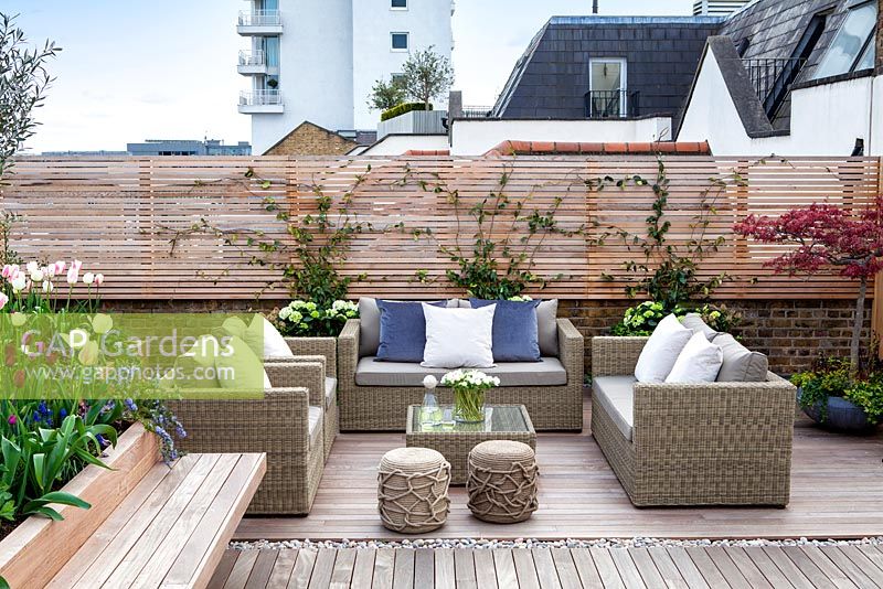 Outside seating area on a London roof terrace. April. 