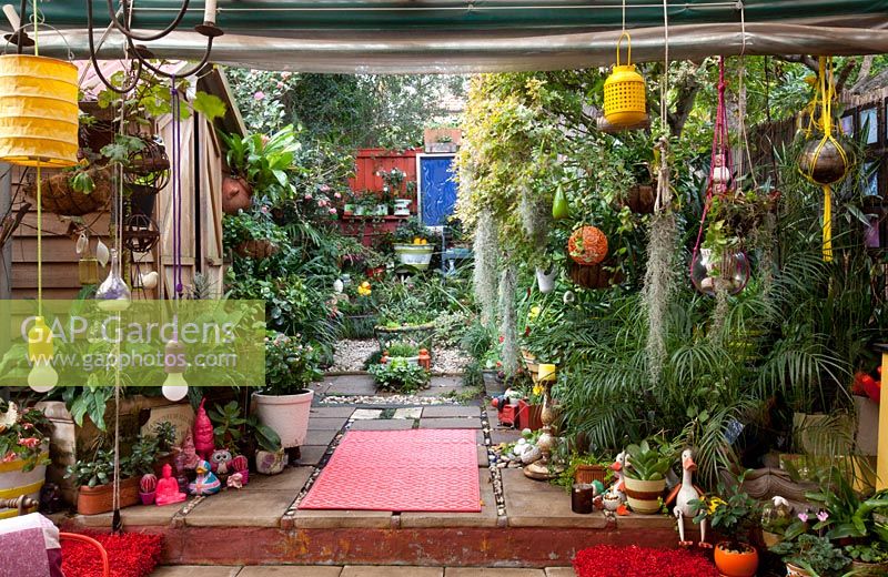 Inner city garden with begonias, ferns and palms features colourful eclectic retro pieces sourced from local markets. 