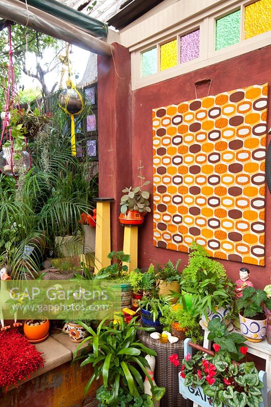 Inner city garden with ferns, cyclamens and bromeliads features colourful eclectic retro pieces sourced from local markets. 