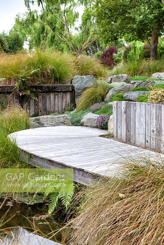 Wooden decking platform at Bhudevi Estate garden, Marlborough, New Zealand.