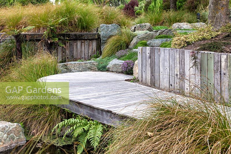 Wooden decking platform at Bhudevi Estate garden, Marlborough, New Zealand.