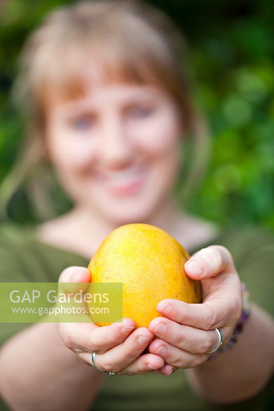 Young woman smiling and holding a ripe Bowen Mango, Mangifera indica, in front of her.