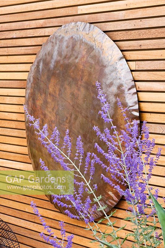 Copper hammered disc on wall in garden with perovskia flowers. Ben De Lisi House and Garden, London
