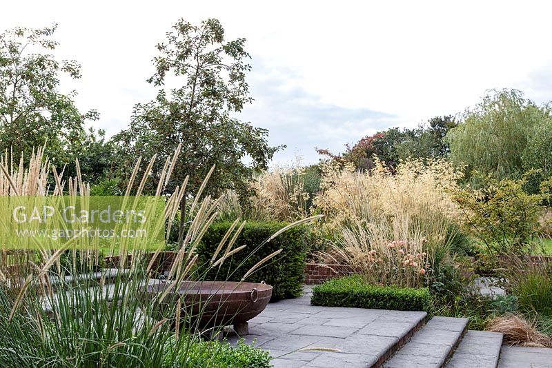 Grasses growing in autumnal garden with large metal fire-pit