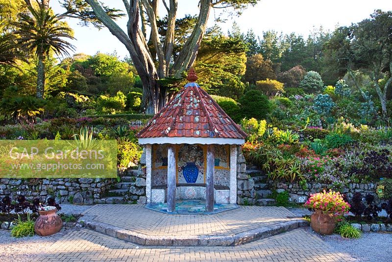 The Shell House in the Mediterranean Garden with shell mosaics by Lucy Dorrien-Smith. Tresco Abbey Garden, Tresco, Isles of Scilly. 