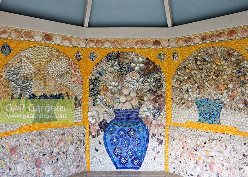 Shell mosaic in the shell house by Lucy Dorrien-Smith, Tresco Abbey Garden, Tresco, Isles of Scilly. 