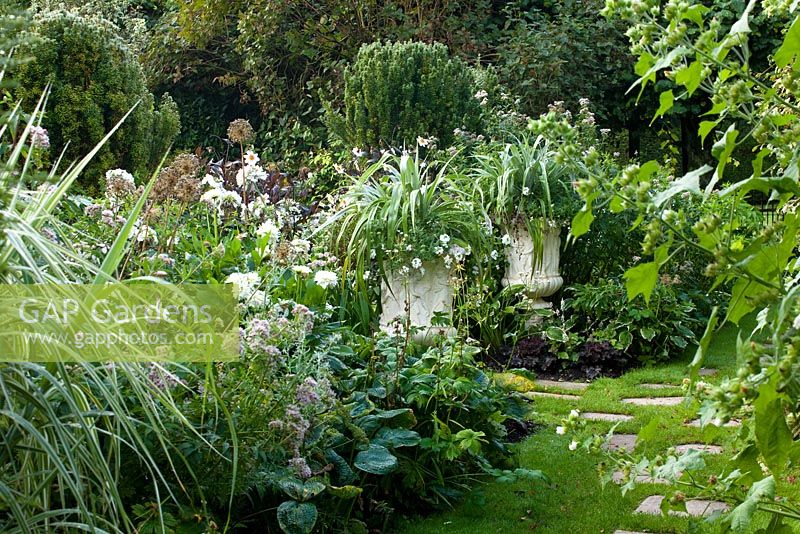 The White Garden.  Grass path with stepping stones, hostas, white metal containers with Astelia and Verbena. Chenies Manor, Buckinghamshire, UK. Late summer. 