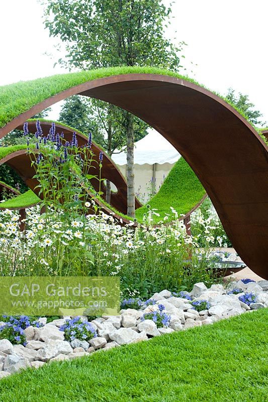'The World Vision Garden', designed by John Warland, waves of turf. Planting consists mainly of Hornbeam hedging, Ornamental Pear trees and meadow areas of Ox-eye daisies. Hampton Court Flower Show, July 2016.