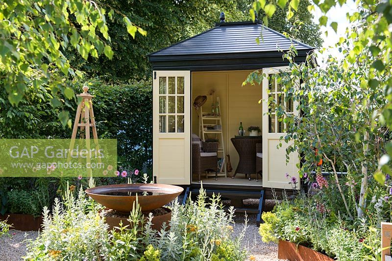 Summerhouse with obelisk and raised water bowl - CCLA: A Summer Retreat, RHS Hampton Court Palace Flower Show 2016