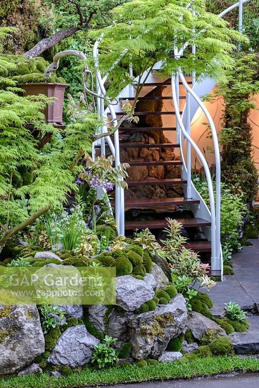 Curved staircase with white banister overgrown by Acers, leading to a roof garden in Senri Sentei - Garage Garden. The RHS Chelsea Flower Show 2016. Designer: Kazuyuki Ishihara - Sponsor: Henri-Sentei Project - GOLD