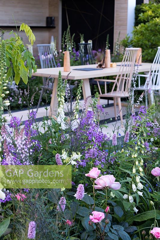 The LG Smart Garden, view of a patio with wooden chairs and table by Nils Verweij surrounded by spring flowers in pale colours: Persicaria bistorta 'Superba', Hesperis matronalis, Rosa 'Natasha Richardson', Digitalis purpurea f. albiflora. RHS Chelsea Flower Show 2016. Designer: Hay Young Hwang, Sponsors: LG Electronics