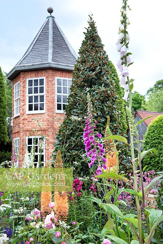 The Harrods British Eccentrics Garden Border including Eremurus 'Pinocchio', Digitalis purpurera, pink roses and bay topiary. RHS Chelsea Flower Show 2016, Designer: Diarmuid Gavin, Sponsor: Harrods