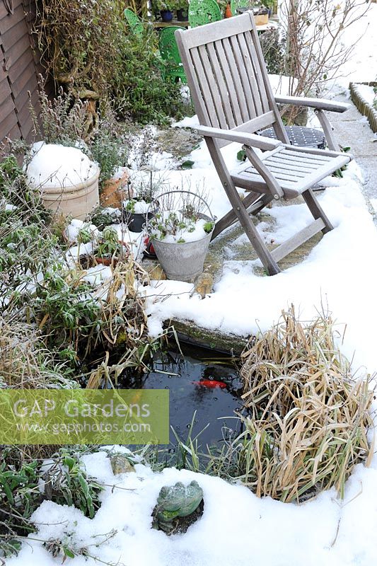 Small Garden pond situated in patio, with lying snow and garden items, Norfolk, UK, December