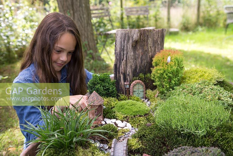 Miniature Wheelbarrow Garden. Young girl adding animal figurines to the miniature garden