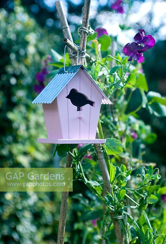 Decorative pink bird house with sweet peas