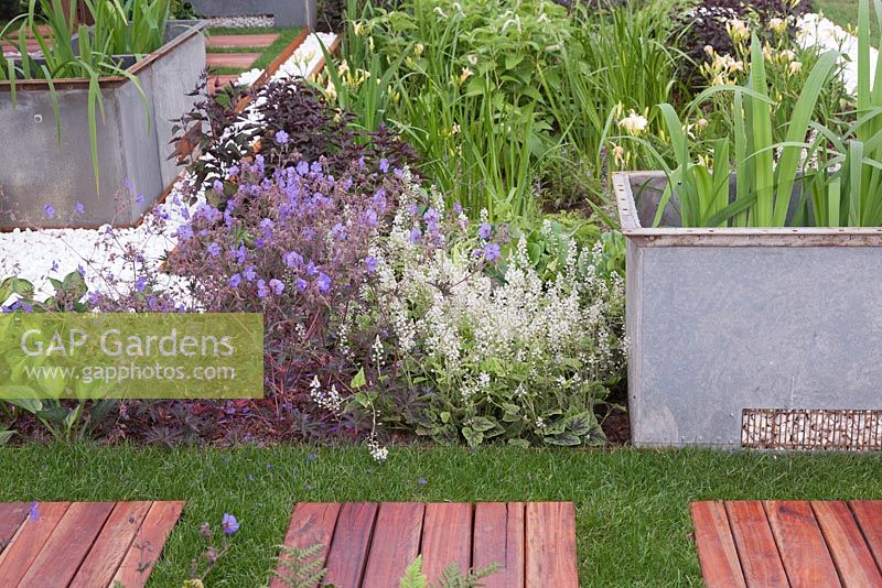 Wooden path set into lawn besides flower border with large metal rectangular containers. Rider on the Storm, RHS Tatton Flower Show 2011, Cheshire