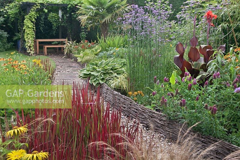 Imperata cylindrica 'Rubra' in front of a gravel and stone slab path edged with woven willow edging leading to a shady arbour seating area with hot colour flower borders - Cheshire