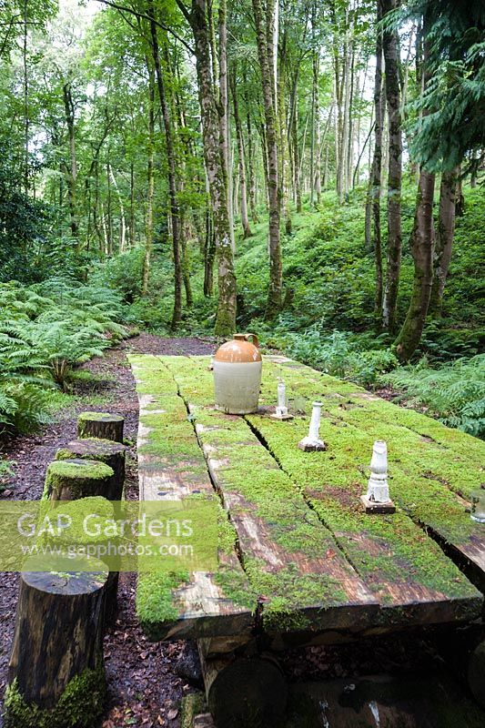 Banquet table in the valley of the Huntring Brook, after which the garden is named. Hunting Brook Garden, Co Wicklow, Ireland