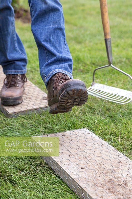 Person carrying a rake walking along scaffold plank to prevent damage to newly laid turf