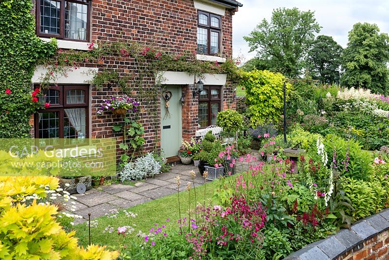 A cottage front garden with climbing roses, lawn and mixed perennial bed.