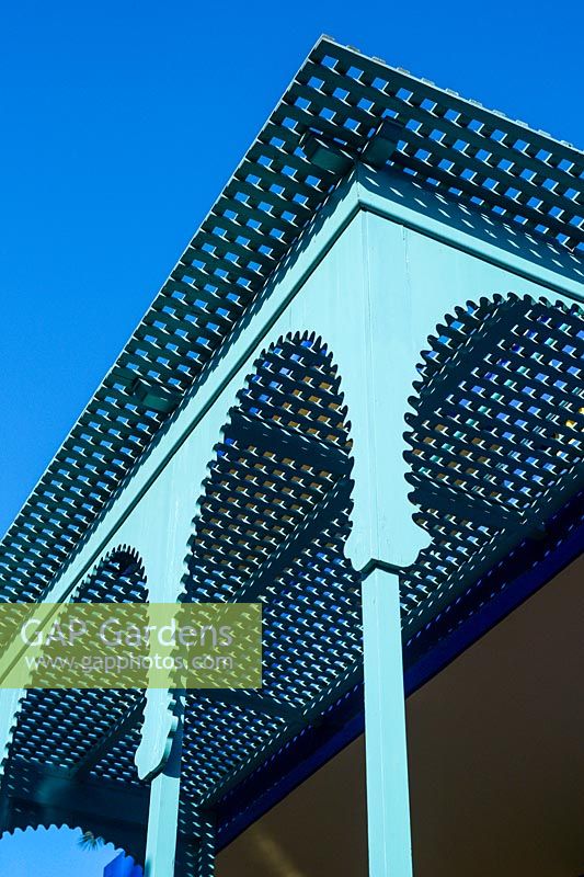 Roof to create dappled shade of the villa-studio at the Jardin Majorelle. Created by Jacques Majorelle and further developed by Yves Saint Laurent and Pierre BergÃ©, Marrakech, Morocco