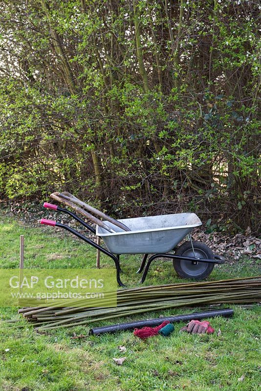 Materials required for constructing an arbour are Scarlet Willow branches, spade, string, twine, measuring tape and weed control membrane 
