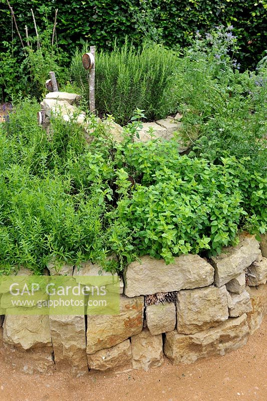 Herb spiral made of stones with Satureja montana, Origanum vulgare and Rosmarinus officinalis. 'Le jardin qui se savoure' designed by Guillaume Popineau, David Trigolet and Chantal Dufour at the Festival International des Jardins 2016, Chaumont-sur-Loire, France