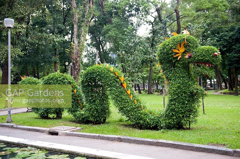Ho Chi Minh City - Saigon, Vietnam Park feature. Topiary dragons in Cong Vien Van Hoa Park.