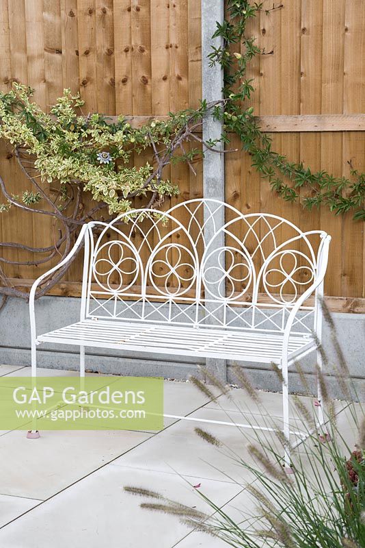 White metal patio seating area with passion flower climbing the fence behind