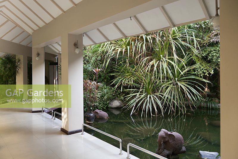 Contemporary building corridor with tropical gardens and pool - Myanmar