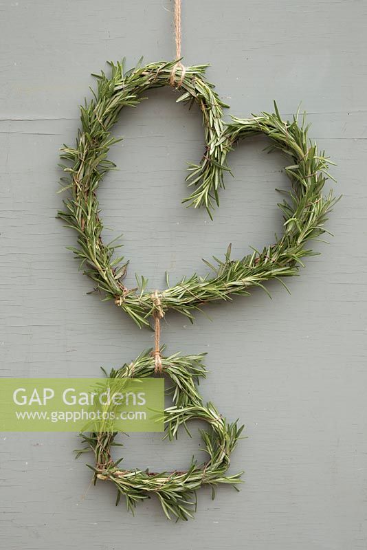 Wreath constructed from Rosemary hanging against wooden surface