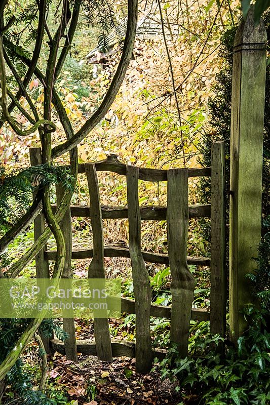 Riven oak gate leading from the front garden into the wild garden.